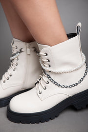 Pearl Chain Matte Ankle Boot - Beige