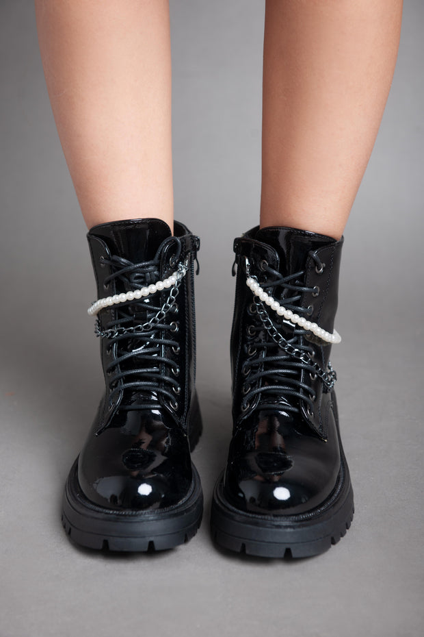 Pearl Chain Patent Boots