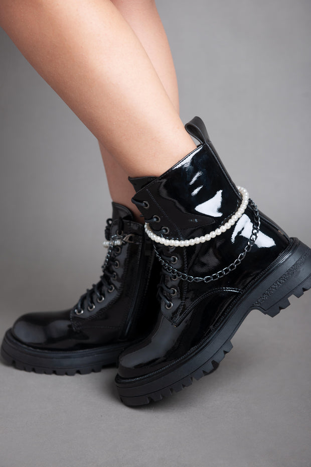 Pearl Chain Patent Boots