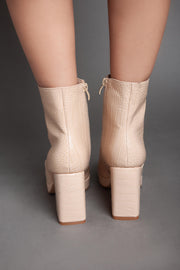 Squared Heel Leather Half Boot - Beige