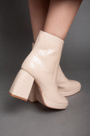 Squared Heel Leather Half Boot - Beige