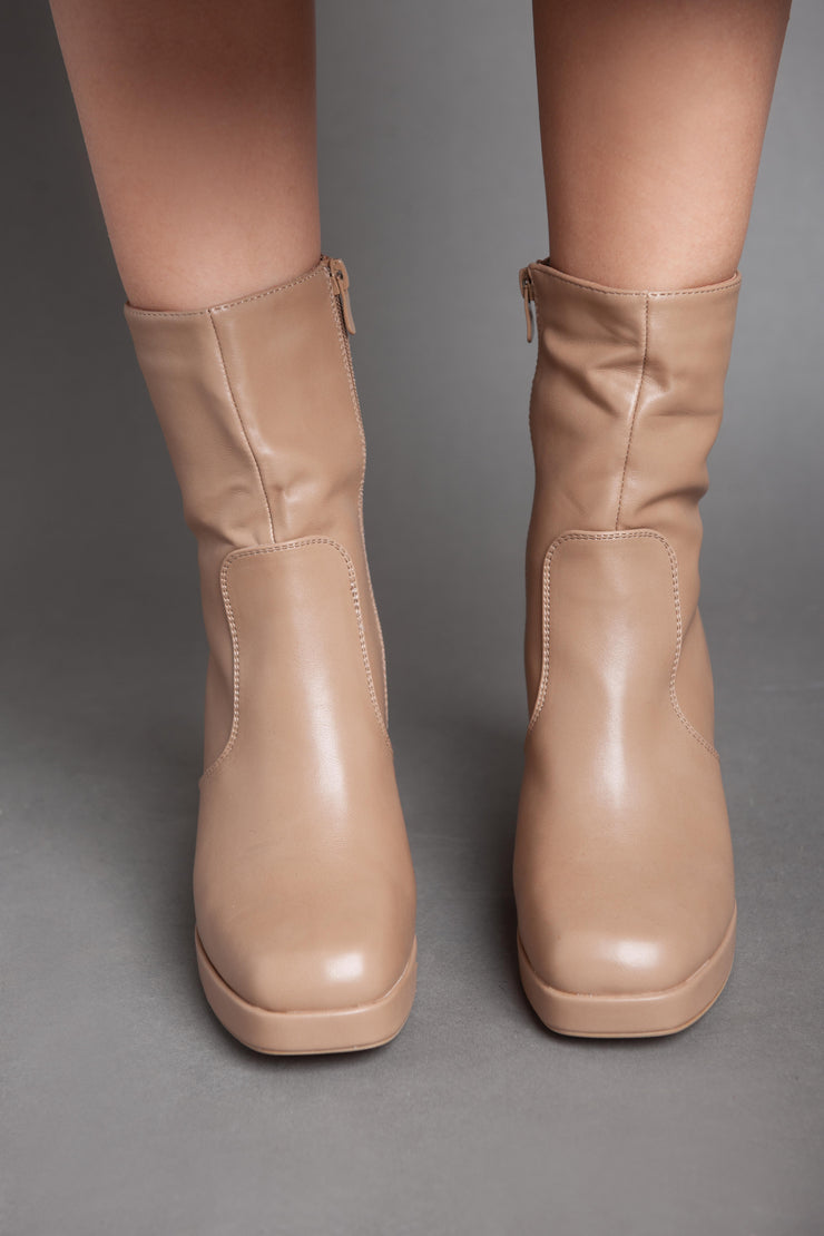 Squared Heeled Half Boot - Camel