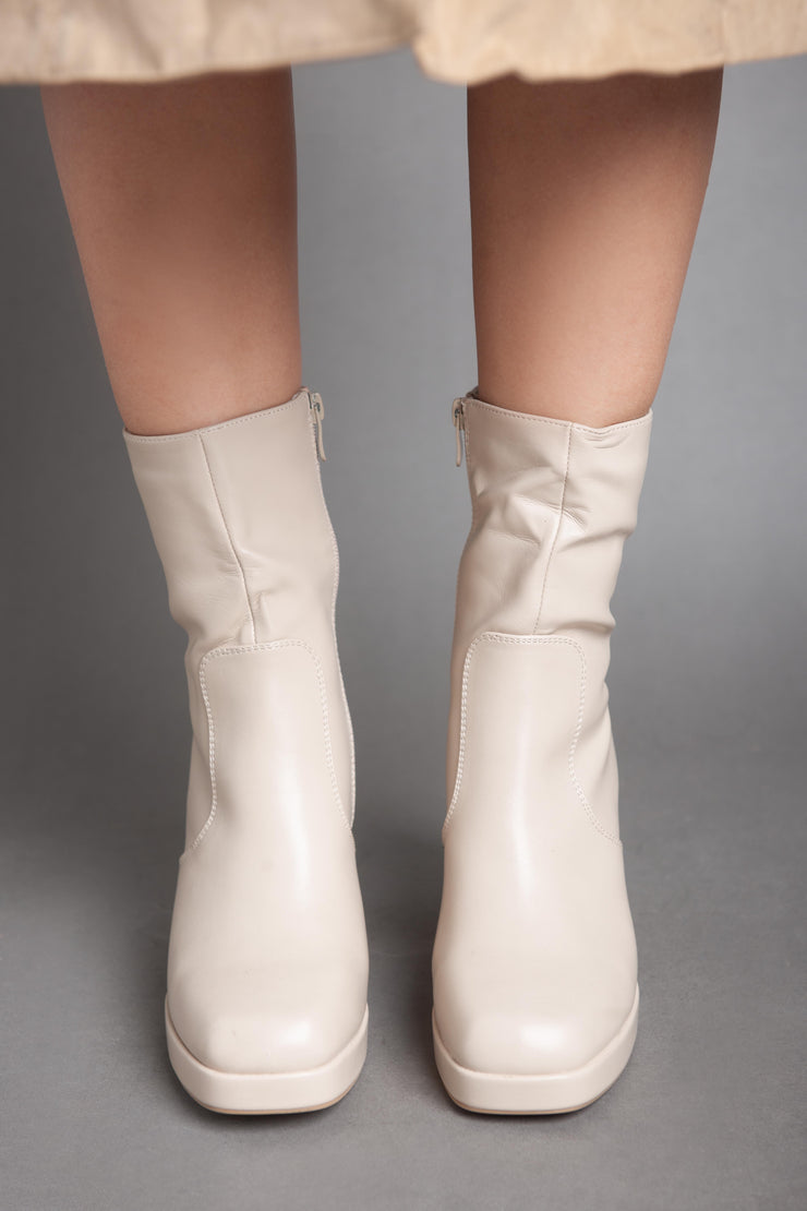 Squared Heeled Half Boot - Beige