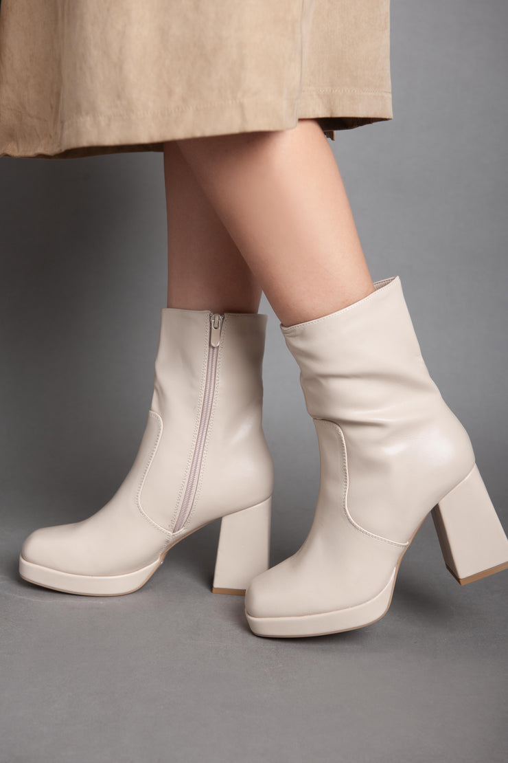 Squared Heeled Half Boot - Beige