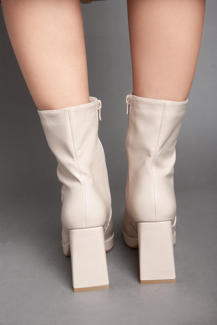 Squared Heeled Half Boot - Beige