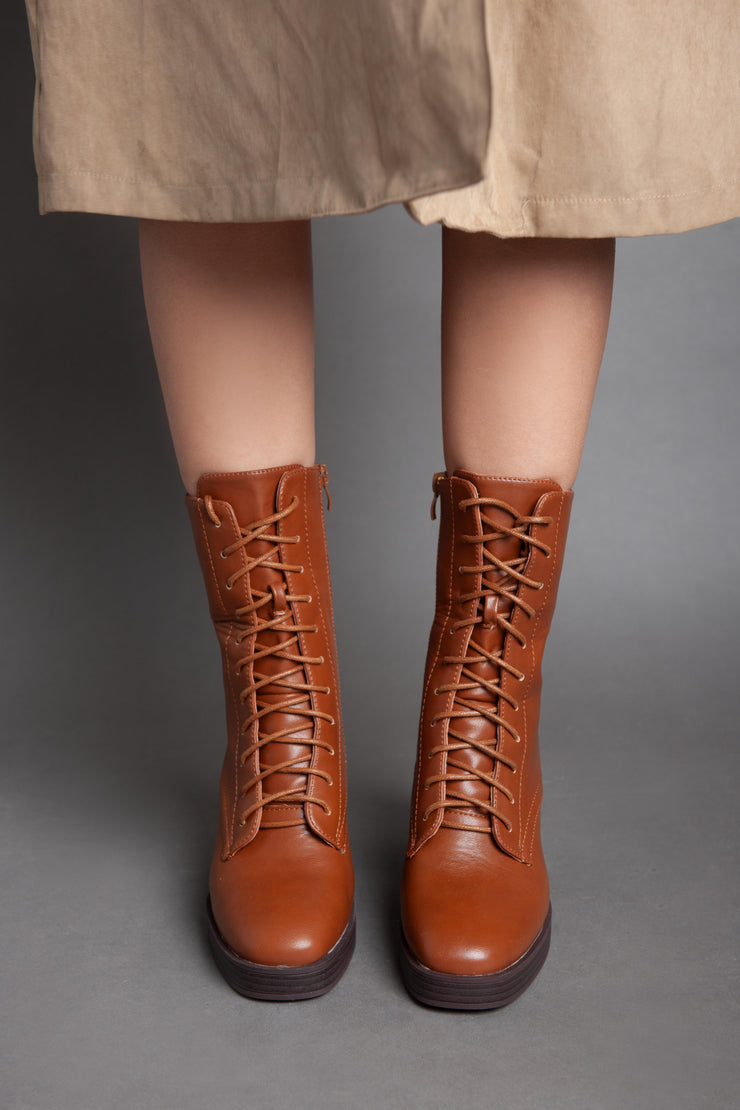 Ladies Lace Up Ankle Boots - Camel