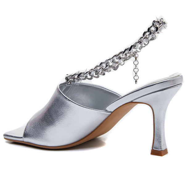 metallic chain heeled mules - Sandal Heels - Silver