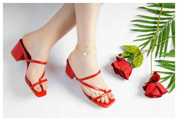 Two Band Chunky Mules - Sandal Heels - Red