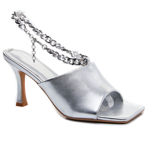 metallic chain heeled mules - Sandal Heels - Silver